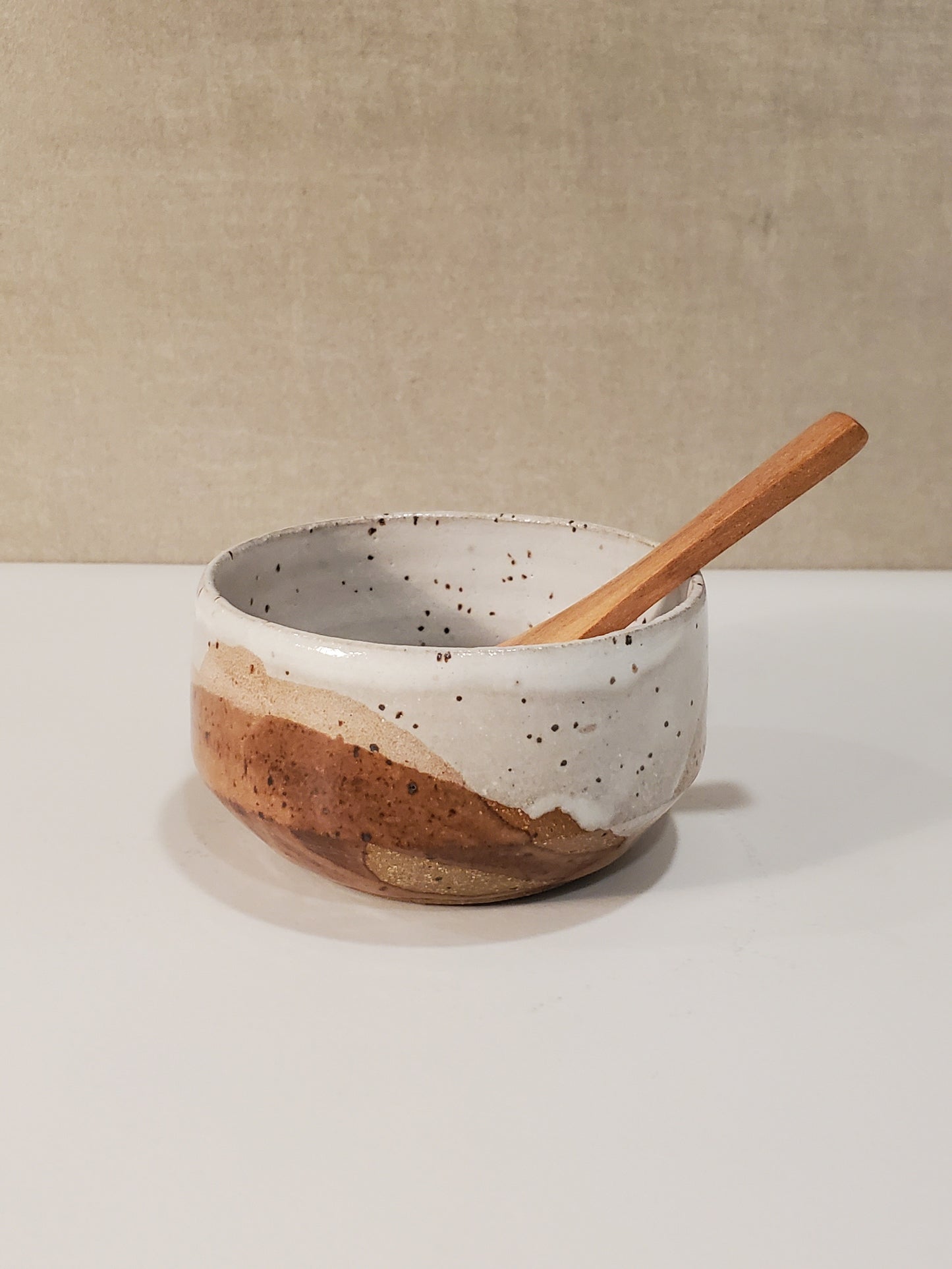 Ceramic Salt Bowl w/ Wooden Spoon - Great Sand Dune Glaze