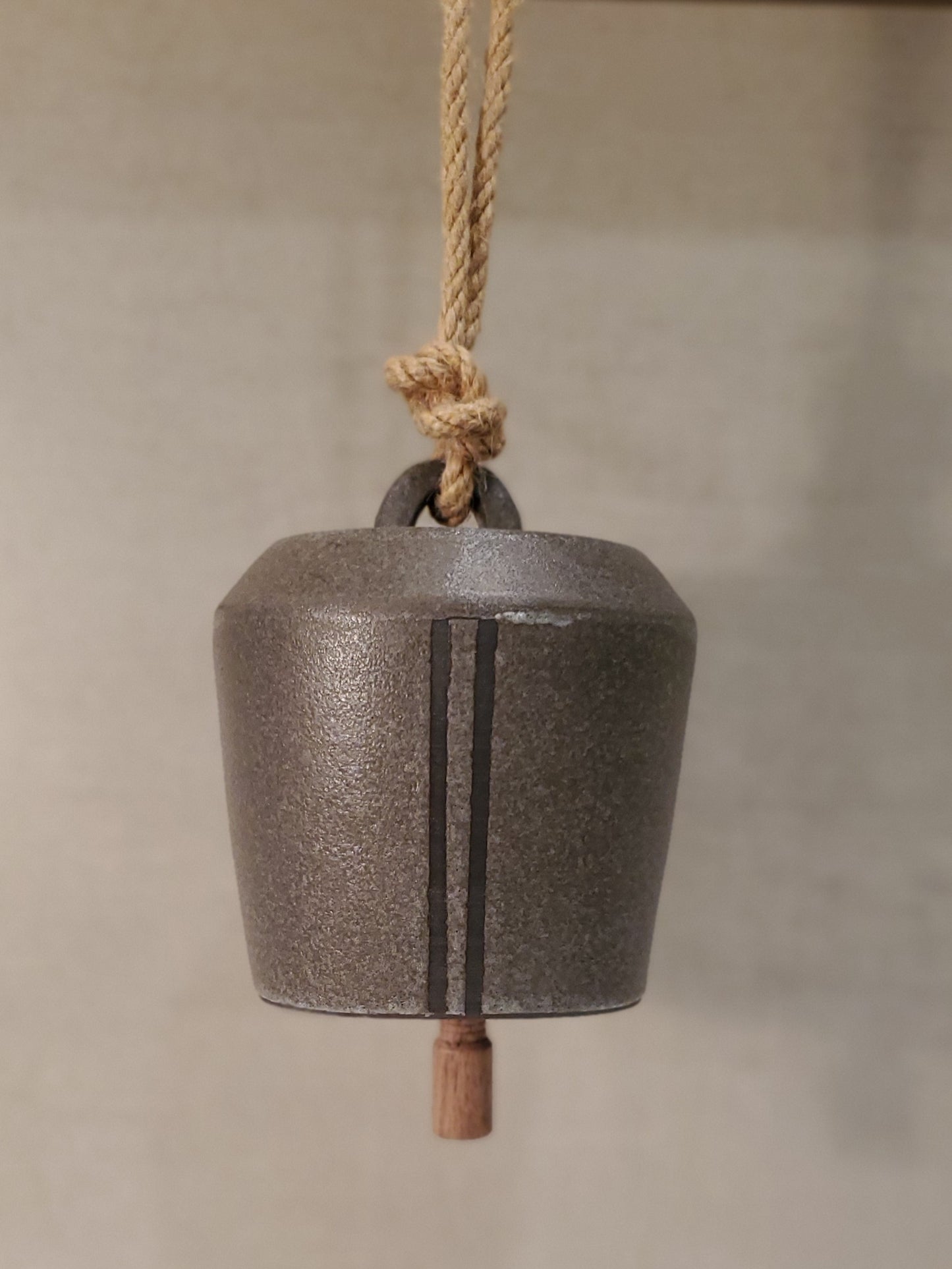 Hanging, Wheel Thrown Ceramic Bell - Nouvelle Double Stripe (Gray)
