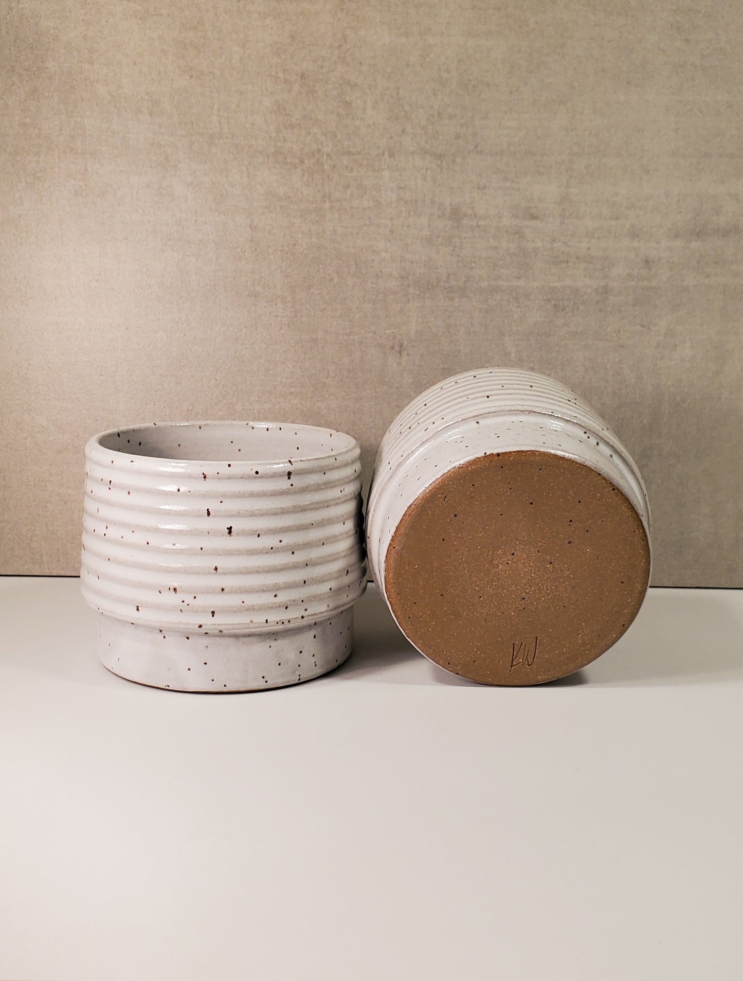 Ribbed Ceramic Cortado Cup - Front Range Modern White Speckle Glaze